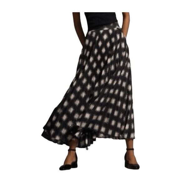 Anthropologie The Isobel Silky Pleated Maxi Skirt Black Pink Floral Star Bursts - Picture 1 of 7